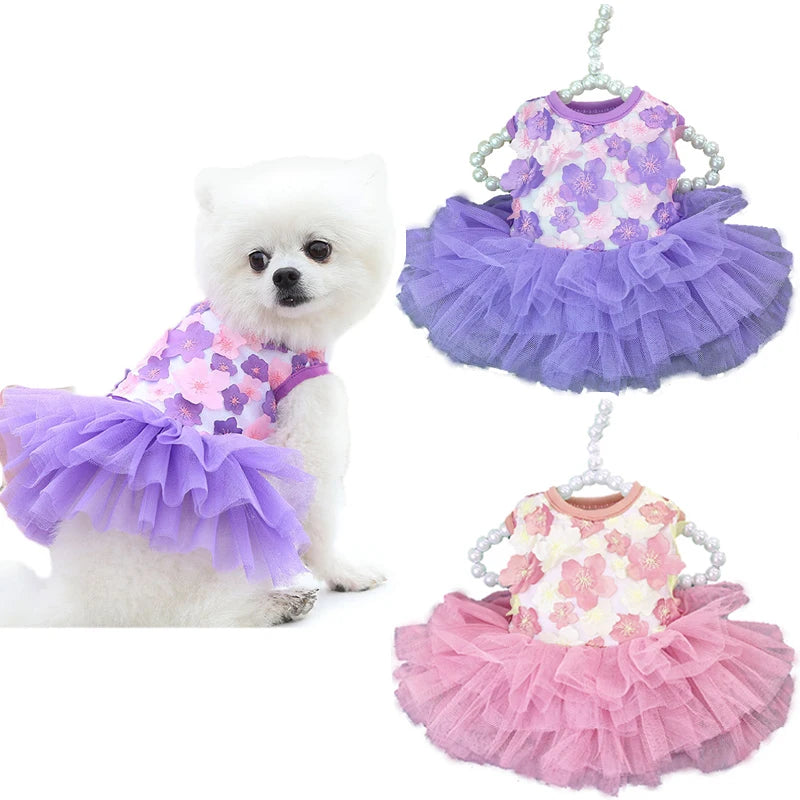 Flowers Fashion Party Lace Chiffon Dress For Small Dog