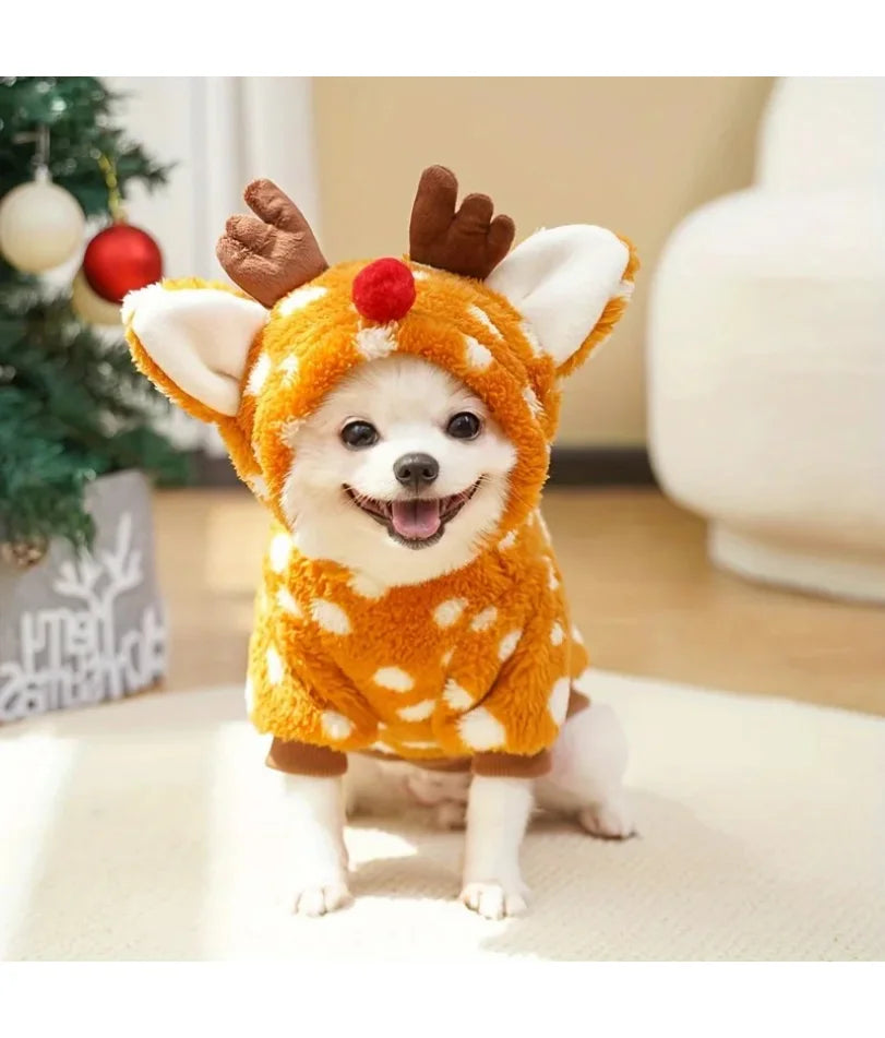 Adorable Reindeer Pet Costume with Hat for Medium Breed Soft Warm Fleece-Lined Winter Christmas Outfit Xmas Gift for Cat/dog